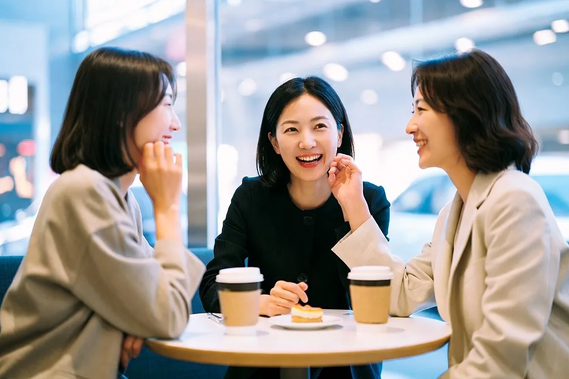 백화점 카페에서 또래 친구들과 커피를 마시며 웃는 40대 어머니